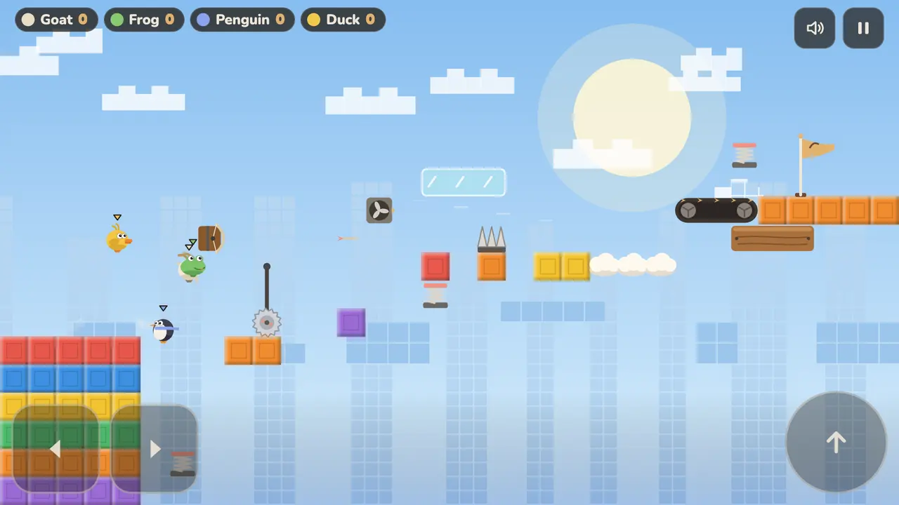Block Party: bright toy blocks floating in a blue sky, with a spiky block, a conveyor up to the flag and the players mid-race.