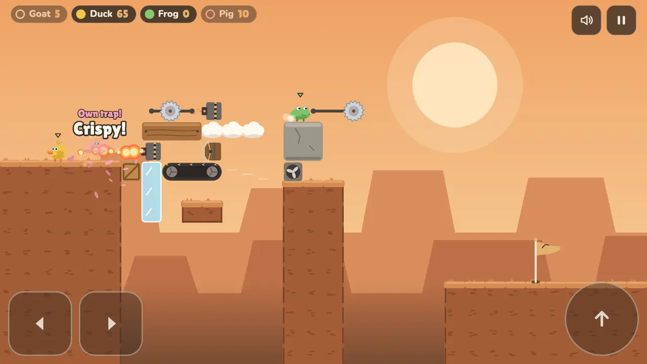 The duck is caught by a flamethrower mid-jump, with the quip “Crispy!” floating above.