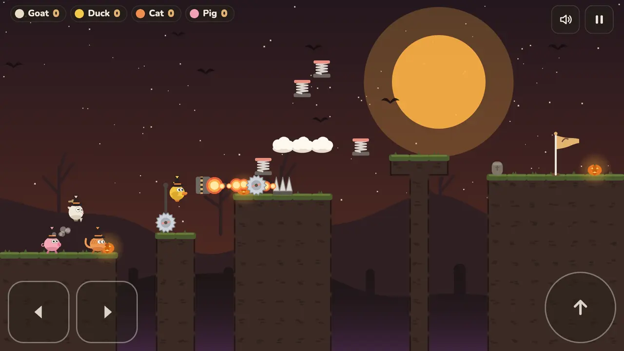 Pumpkin Hollow at night: a graveyard level with jack-o’-lanterns, bats and players in witch hats.