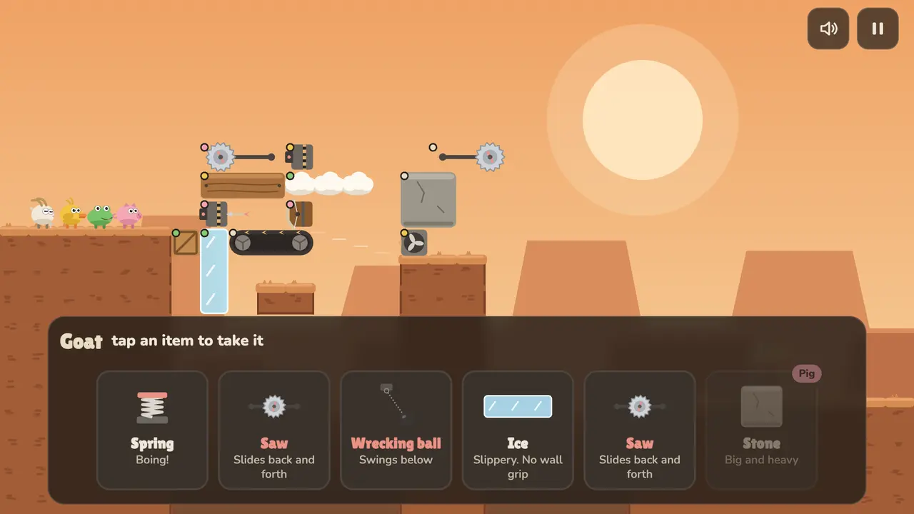 A box of items: plank, spring, saw, crossbow and more, with the bots’ picks already taken.