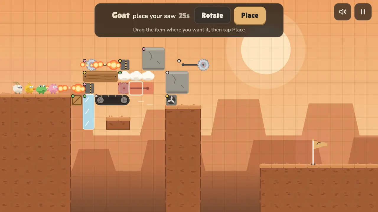The goat aims a trap at the other players’ path, with Rotate and Place buttons.
