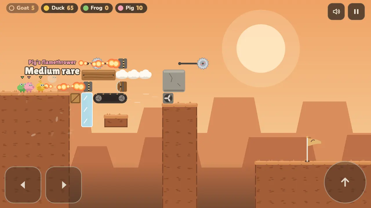Four players race across the Canyon level past a saw, a crossbow and a wrecking ball, with touch buttons for moving and jumping.