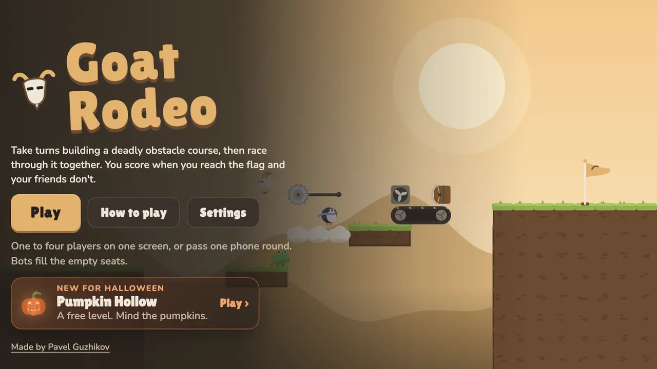 The title screen: the goat mark, Play, How to play and Settings, and a card for Pumpkin Hollow, new for Halloween.