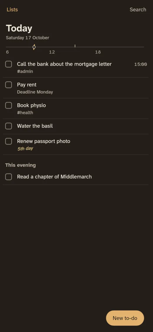 Always Today on an Android phone in dark mode: Today with five to-dos and This evening.