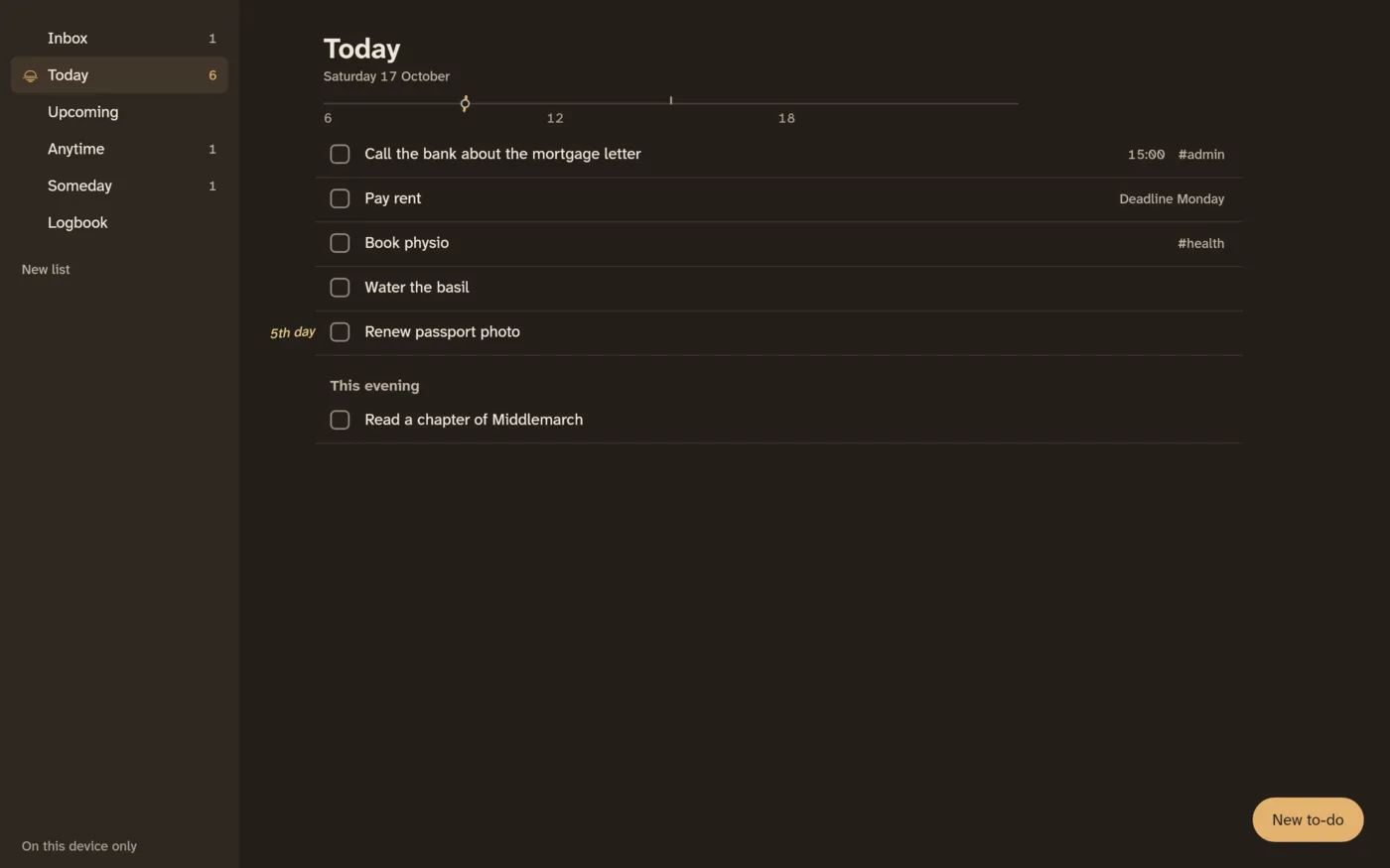Always Today on a Mac in dark brown: the lists down the side, and Today with to-dos, a time, a deadline, tags and the day's line marking now.