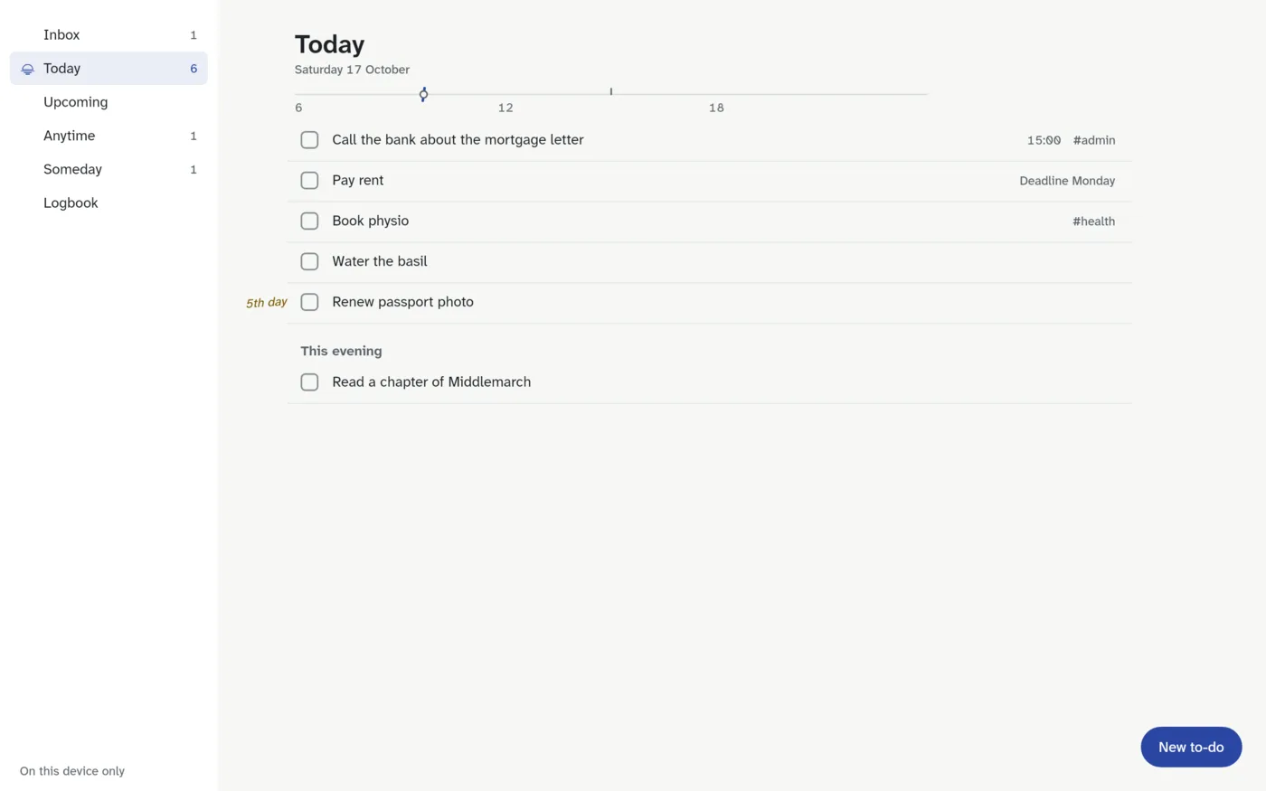 Always Today on a Windows PC: the lists down the side, and Today with to-dos, a time, a deadline, tags, a note on one carried over for five days, and the day's line marking now.