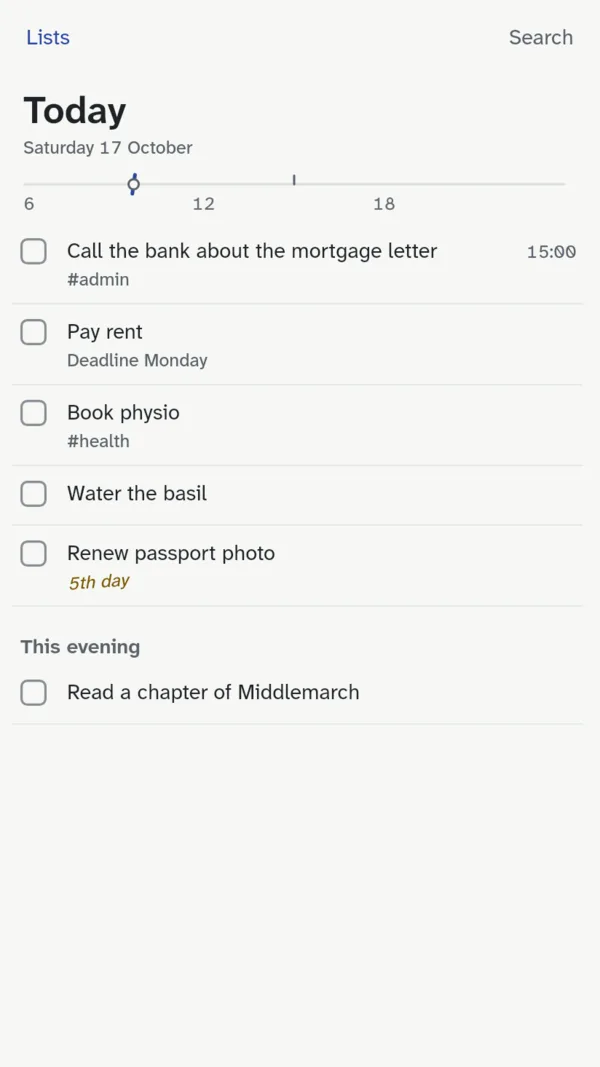 Today on an Android phone: five to-dos with a time, a deadline and tags, a quiet “5th day” note on one carried over, This evening below, and the day's line under the date.