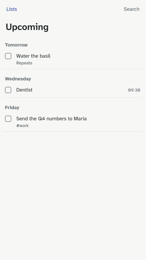 Upcoming: the days ahead as headings, Tomorrow with a repeating to-do, Wednesday with the dentist at 09:30, and Friday with a to-do tagged work.